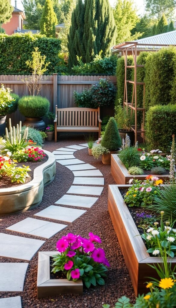 A meticulously designed small garden zoning layout, capturing the essence of efficiency and beauty. The foreground features neatly arranged raised garden beds filled with vibrant flowers and lush greenery, complemented by a stone pathway winding through the space. In the middle ground, a quaint seating area with a wooden bench and potted plants invites relaxation. The background showcases a harmonious blend of shrubs, trellises, and a subtle fence, creating a sense of enclosure and privacy. Warm, natural lighting bathes the scene, highlighting the textures and colors of the carefully curated elements. The overall composition exudes a serene, well-organized atmosphere, perfectly suited for the "Planning Your Small Garden Layout" section.