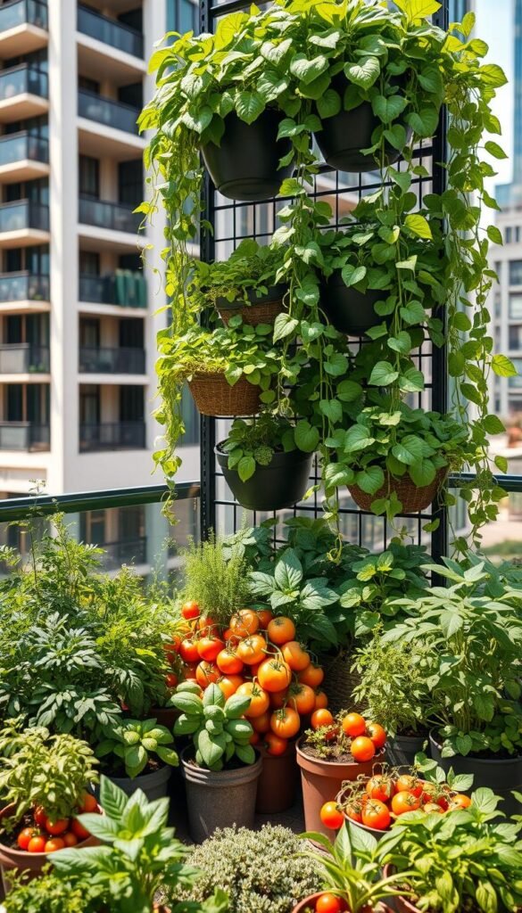 A meticulously designed vertical garden oasis against a backdrop of modern urban architecture. In the foreground, lush green cascading vines and leafy vegetables flourish in tiered planters and hanging baskets, showcasing innovative space-saving techniques. The midground features a diverse array of potted herbs, tomatoes, and leafy greens thriving in a compact, organized layout. Natural lighting filters in, casting warm, soft shadows that accentuate the vibrant colors and textures. The overall scene conveys a sense of bountiful harvest and harmony between nature and urban living, inspiring viewers to explore the possibilities of vertical gardening in small spaces.