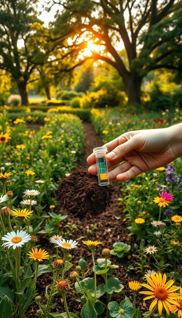 A meticulously detailed scene of soil pH testing in a lush, sprawling garden. The foreground features a pair of hands gently holding a soil sample and a pH testing kit, the rich brown earth contrasting with the delicate petals of nearby wildflowers. The middle ground reveals a verdant landscape, with vibrant greens, yellows, and purples of diverse flora thriving in the optimal soil conditions. In the background, a warm, golden-hued sunlight filters through the canopy of mature trees, casting a serene, natural atmosphere. Crisp, high-resolution details capture the intricate textures of the soil, the testing equipment, and the vibrant vegetation, conveying the importance of understanding the garden's pH requirements for a thriving, harmonious ecosystem.
