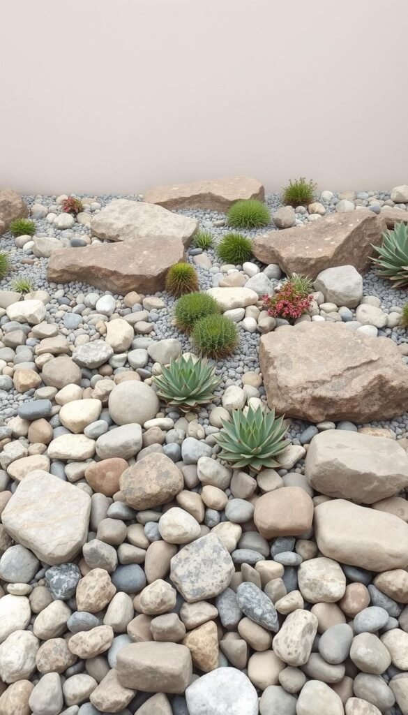 A meticulously planned rock garden layout featuring an assortment of natural stones, pebbles, and drought-resistant plants arranged in a harmonious composition. The foreground showcases a variety of carefully selected rocks, ranging from smooth river stones to rugged boulders, strategically placed to create a sense of balance and flow. The middle ground features a mix of low-growing succulents and hardy perennials, their colors and textures complementing the earthy tones of the rocks. The background gently recedes, revealing a lush yet minimal landscape with a soothing neutral palette, evoking a serene, low-maintenance aesthetic. Soft, diffused lighting illuminates the scene, casting gentle shadows and highlighting the natural textures. Captured from a slightly elevated angle, the image conveys a sense of harmonious coexistence between the man-made and the natural elements.