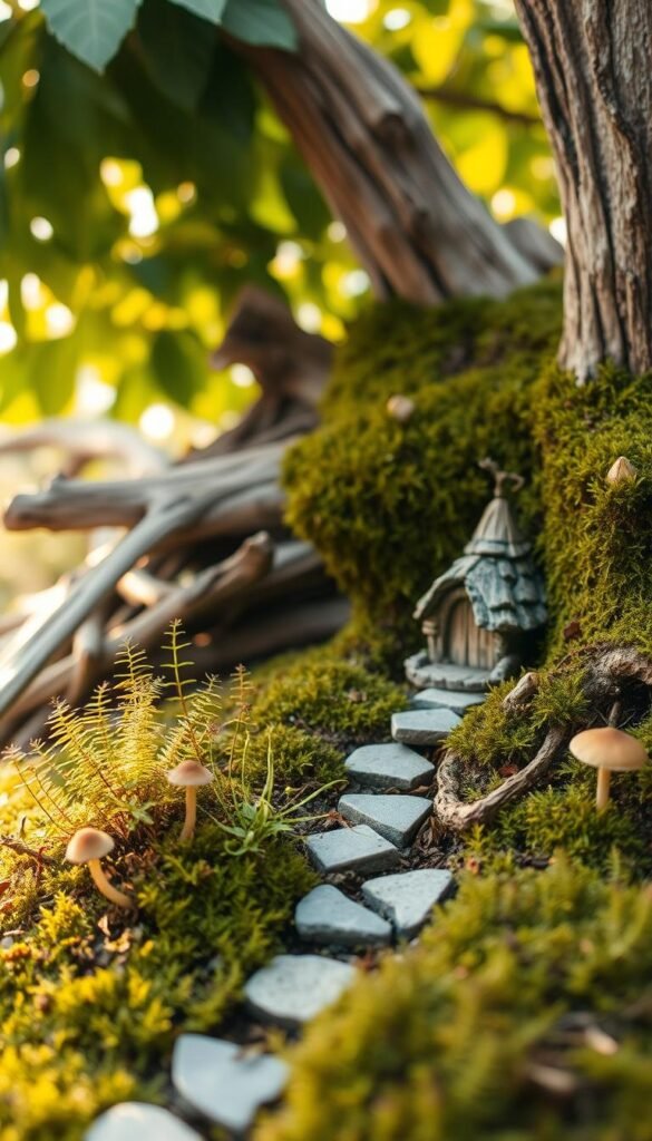 A miniature fairy garden set against a backdrop of lush moss and weathered driftwood. In the foreground, delicate ferns and tiny mushrooms sprout from the earth, creating a whimsical, enchanted atmosphere. Midground features a stone path winding through the scene, leading the eye towards a diminutive fairy house crafted from natural materials. Warm, diffused sunlight filters through the canopy of leaves, casting a soft, golden glow over the entire tableau. Shallow depth of field accentuates the small scale and sense of wonder. Evocative, rustic, and brimming with magical realism.