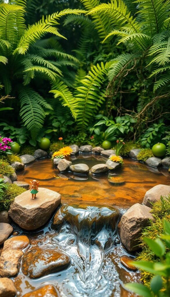 A miniature fairy water feature, nestled amidst a lush, verdant garden. In the foreground, a delicate, meandering stream cascades over smooth rocks, its crystal-clear waters dancing in the soft, dappled sunlight. Tiny, whimsical fairy figurines stand at the water's edge, their ethereal forms reflected in the tranquil pool. In the middle ground, a small, oval-shaped pond is fringed with vibrant flowers and mossy stones, creating a serene oasis for enchanted creatures. Towering ferns and trailing vines in the background provide a natural, enchanted backdrop, giving the scene a sense of magical seclusion. Warm, diffused lighting casts a warm, golden glow, evoking a sense of timeless wonder and enchantment.