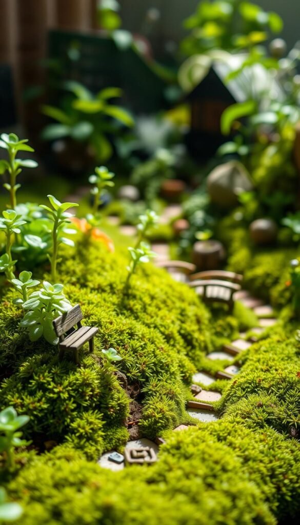 A miniature garden with lush greenery and delicate details, illuminated by soft, natural lighting. In the foreground, tiny plants and mosses create a captivating micro-landscape, their scale accentuated by carefully placed miniature accessories - a winding path, a diminutive bench, and a small wooden bridge. The middle ground features a mix of small-scale flora, each species meticulously rendered to highlight the interplay of textures and colors. In the background, a sense of depth is created by the subtle inclusion of a miniature house or structure, suggesting the larger world beyond this enchanting microcosm. The overall composition conveys a sense of wonder and attention to scale, inviting the viewer to immerse themselves in the intricate details of this miniature garden.