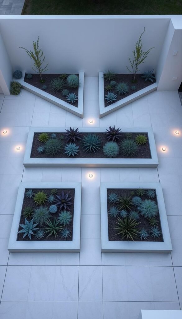 A minimalist geometric garden design with clean, sharp lines and angles. A symmetrical layout of intersecting paths and raised garden beds made of light-colored stone or concrete. The beds are filled with low-growing, geometric plants like succulents and grasses in shades of green, gray, and purple. Subtle lighting fixtures are embedded in the pathways, casting a warm glow over the scene. The overall atmosphere is one of modern, harmonious simplicity, with a serene and contemplative mood. Captured from a slightly elevated angle to showcase the geometric patterns and clean, uncluttered composition.
