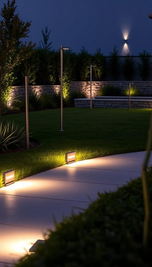 A modern, minimalist garden scene with sleek, integrated smart lighting fixtures casting a warm, inviting glow. In the foreground, several small ground-level uplights illuminate a path of smooth, polished pavers. In the middle ground, slender, contemporary lamp posts with adjustable, dimmable LED bulbs line the edges of a neatly trimmed lawn. In the background, a low stone wall is softly illuminated by recessed wall sconces, casting an ambient light that highlights the natural textures of the landscaping. The overall atmosphere is one of understated elegance and technological sophistication, creating a welcoming, serene outdoor living space.