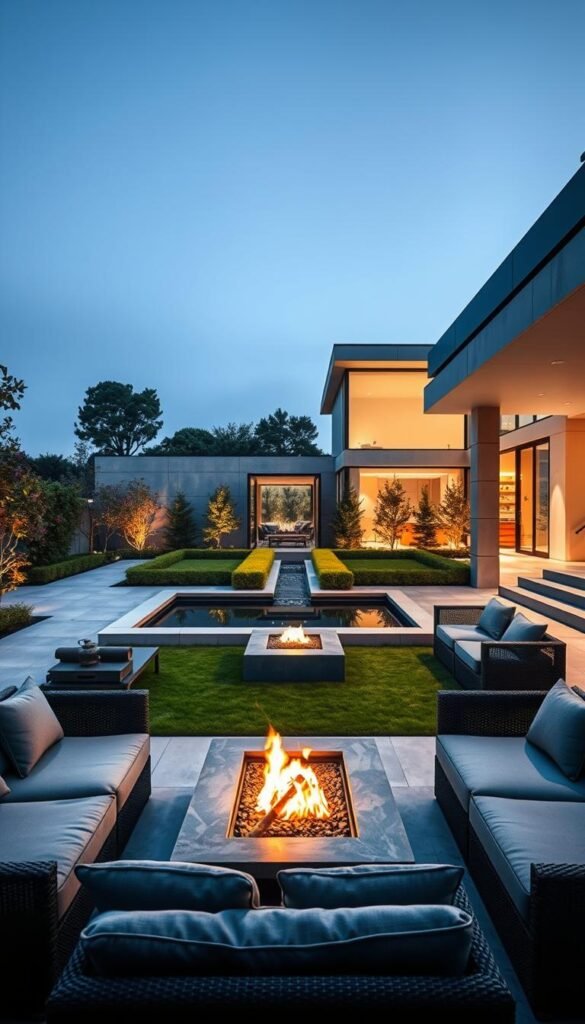 A modern outdoor living space with a sleek and minimalist design. In the foreground, a contemporary patio features a comfortable lounge set with plush seating and a low coffee table, all arranged around a central fire pit. The middle ground showcases a well-manicured garden with neatly trimmed hedges and a tranquil water feature, reflecting the warm lighting from above. In the background, a modern architectural structure with large windows and a flat roof provides a striking backdrop, illuminated by a soft, diffused glow from strategically placed lighting. The overall atmosphere exudes a sense of sophisticated, yet inviting, outdoor living.