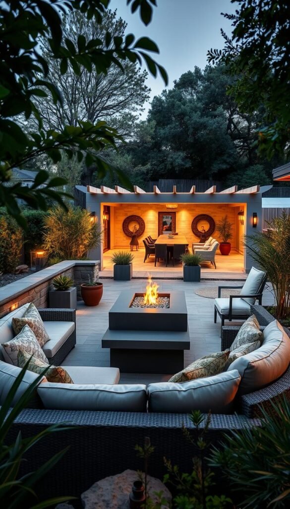 A modern outdoor living space with stylish patio furniture, nestled among lush greenery and natural stone accents. The scene is illuminated by warm, soft lighting casting a cozy ambiance. In the foreground, a large sectional sofa with plush cushions invites guests to relax and entertain. A sleek fire pit or water feature anchors the middle ground, surrounded by potted plants and decorative planters. In the background, a partially covered pergola or pavilion offers shade and a sense of enclosure, blending seamlessly with the surrounding landscape. The overall composition exudes a harmonious, contemporary aesthetic suitable for hosting casual gatherings or intimate dinner parties.