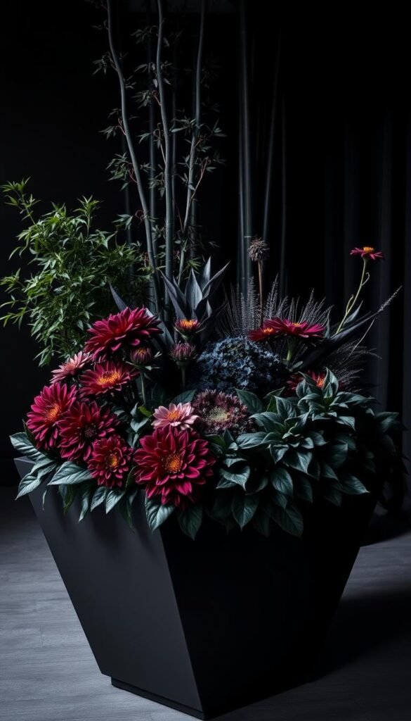 A moody, dramatic container garden design with bold, dark-hued foliage and flowers. In the foreground, a striking arrangement of black dahlias, purple-black kale, and deep burgundy leaves cascade over the edge of a sleek, angular black planter. The middle ground features a textural mix of black elephant ears, dark purple ornamental grasses, and inky black cosmos blooms. Towering in the background, a cluster of statuesque black bamboo culms create a striking silhouette against a softly lit, shadowy setting. Dramatic, theatrical lighting casts dramatic shadows and highlights the depth and contrast of the scene. Shot with a wide-angle lens to capture the full sculptural composition.