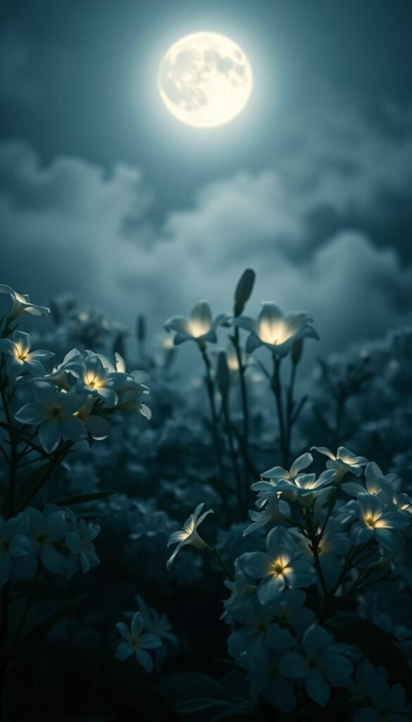 A moonlit garden filled with delicate white flowers, their petals luminous and ethereal under the gentle glow of the full moon. In the foreground, clusters of jasmine blossoms radiate a soft, shimmering light, their heady fragrance wafting through the still night air. In the middle ground, elegant lilies stand tall, their centers glowing with an otherworldly luminescence. Beyond, a gentle mist shrouds the background, creating a sense of mystery and enchantment, as if the flowers are emerging from a dream. The scene is bathed in a cool, silvery light, with subtle shadows casting a sense of depth and dimension. An atmospheric, tranquil, and captivating vision of a moonlit floral display.