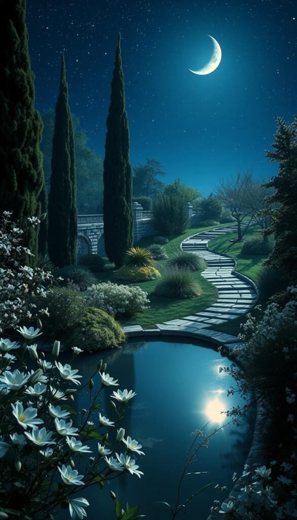 A moonlit garden teeming with enchantment. In the foreground, a serene pond reflects the pale lunar glow, surrounded by delicate white flowers - lilies, jasmine, and moonflowers - swaying gently in a cool breeze. The middle ground reveals winding stone paths flanked by towering cypress trees, their shadows dancing across the scene. In the distant background, a crescent moon hangs low in a starry indigo sky, casting a soft, ethereal light over the entire garden. The atmosphere is one of tranquility and otherworldly beauty, inviting the viewer to step into this magical realm and experience the allure of a moon garden.