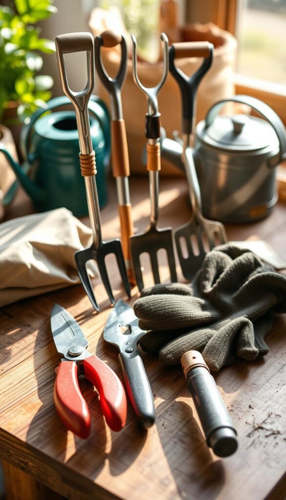 A neatly arranged collection of essential gardening tools on a wooden workbench, bathed in soft, natural light. In the foreground, a pair of pruning shears, a trowel, and a small hand rake rest alongside a pair of gardening gloves. In the middle ground, a small garden fork and a cultivator stand upright, their metal heads gleaming. In the background, a watering can and a small garden shovel lean against a potting soil bag, completing the array of tools required for tending to a raised garden bed.