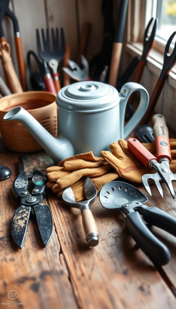 A neatly arranged collection of essential gardening tools sits on a rustic wooden surface, illuminated by soft, natural light filtering through a window. In the foreground, a pair of sturdy pruning shears, a hand trowel, and a small hand cultivator are prominently displayed. In the middle ground, a watering can, a pair of gardening gloves, and a small garden fork create a harmonious composition. The background features a pair of shears, a hoe, and a small garden rake, completing the ensemble of must-have organic gardening supplies. The overall scene conveys a sense of organization, practicality, and a love for the craft of gardening.