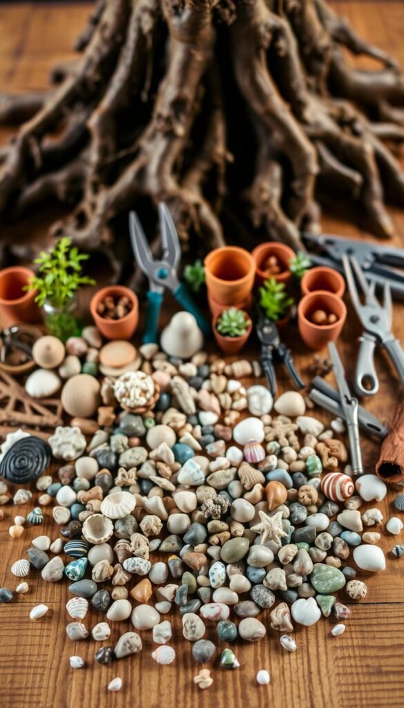 A neatly arranged collection of materials for fairy garden construction on a wooden surface. In the foreground, a variety of small, decorative stones, pebbles, and seashells are scattered. In the middle ground, miniature plant pots, terracotta planters, and clay figurines sit alongside pruning shears, trowels, and other gardening tools. The background features a soft, warm-toned lighting, creating a cozy, inviting atmosphere. The overall composition suggests a sense of whimsy and attention to detail, perfectly suited for the creation of a charming fairy garden around a tree root system.