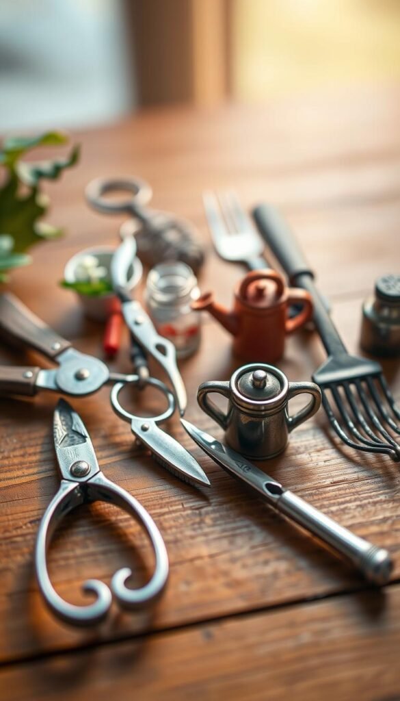 A neatly arranged collection of miniature gardening tools rests on a wooden surface, bathed in warm, soft lighting. In the foreground, delicate shears, a tiny trowel, and a miniature watering can stand out against the muted backdrop. The middle ground features small pruning scissors, a magnifying glass, and a delicate pair of tweezers, while the background showcases a diminutive rake and a miniature garden fork. The tools are meticulously detailed, capturing the intricate textures and finishes of their full-sized counterparts, evoking a sense of scale and precision essential for crafting tiny, intricate landscapes.