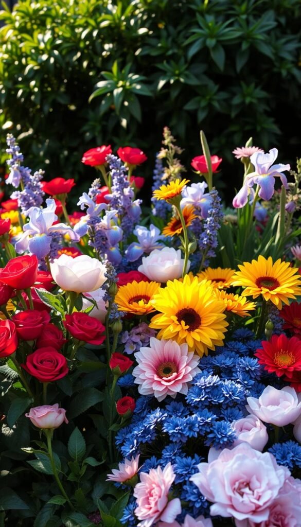A neatly arranged color palette of vibrant, complementary hues blooms against a backdrop of lush, verdant foliage. In the foreground, an array of carefully curated flowers - from bold, crimson roses to delicate, lavender-hued irises - create a visually stunning display. The middle ground features a mix of warm and cool tones, with golden sunflowers and soft, pastel peonies nestled between deep indigo accents. Lighting filters through the scene, casting a warm, natural glow and highlighting the dimensional textures of the petals. The overall atmosphere evokes a sense of tranquility and beauty, perfectly capturing the essence of a personalized, backyard flower garden.
