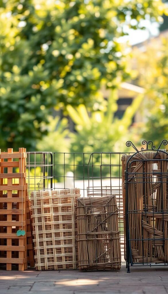 A neatly arranged comparison of various trellis materials against a softly lit, natural backdrop. In the foreground, an array of trellis samples - wooden lattices, metal grids, woven willow panels, and decorative wrought-iron structures. The middle ground showcases the materials' textures and colors, highlighting their unique characteristics. In the background, a blurred, lush garden scene sets the stage, creating a serene, inspirational atmosphere. Warm, directional lighting casts gentle shadows, accentuating the dimensional qualities of the trellis materials. The overall composition encourages the viewer to closely examine and consider the aesthetic and functional properties of each trellis option.