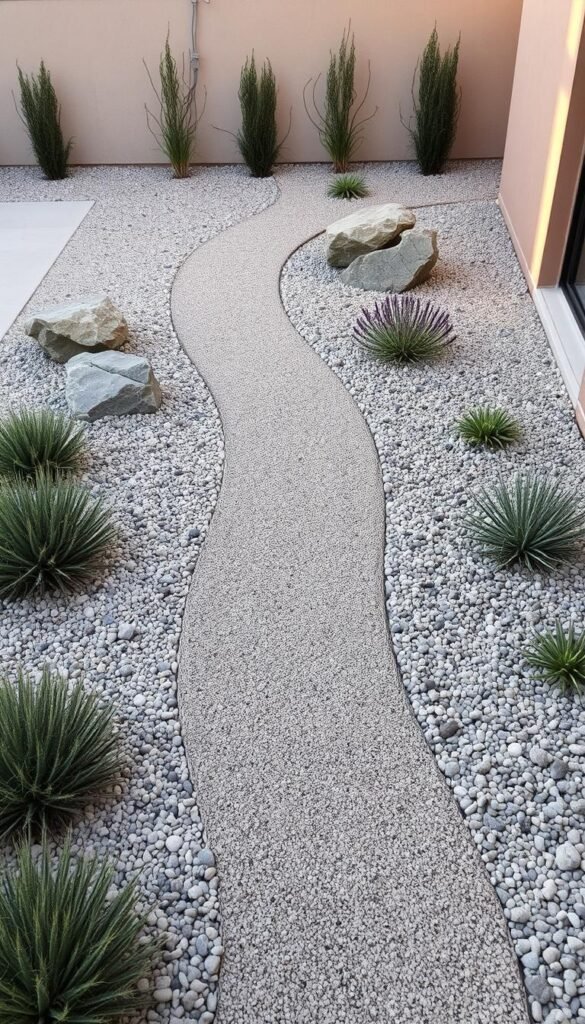 A neatly arranged contemporary gravel garden with clean lines and a minimalist aesthetic. A central pathway of smooth, light-colored gravel winds through the scene, flanked by low-growing, drought-tolerant plants in muted greens, silvers, and purples. Strategically placed boulders and pebbles add texture and visual interest. The layout is balanced and harmonious, with a sense of intentional design. Warm, directional lighting from the side casts dramatic shadows, highlighting the varied shapes and tones. The overall atmosphere is one of serene, modern simplicity, perfectly suited for a low-maintenance, thoughtfully curated outdoor space.