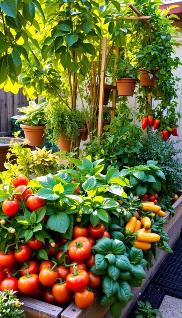 A neatly arranged display of vibrant vegetable varieties thriving in a small backyard garden. Lush leafy greens, plump tomatoes, crisp bell peppers, and colorful herbs spill out from raised planters and hanging baskets, basking in the warm, diffused sunlight filtering through a canopy of verdant foliage. The scene has a sense of abundance and careful cultivation, capturing the potential for growing a diverse, space-efficient edible garden. The composition is balanced, with the vegetables in the foreground complemented by supporting elements like wooden trellises and terracotta pots in the middle ground, all set against a softly blurred backdrop of a cozy, inviting backyard environment.