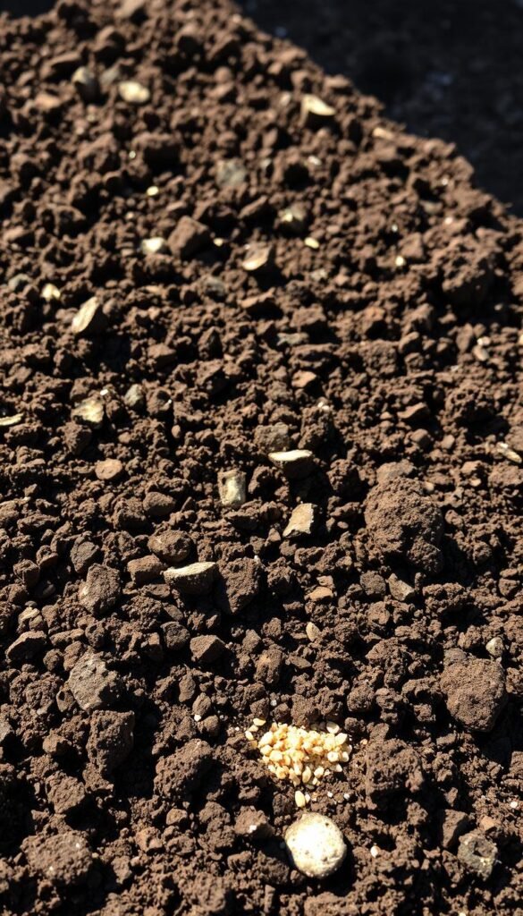 A neatly arranged garden bed filled with a rich, dark soil mix. The soil has a loose, crumbly texture, perfect for nurturing healthy plant growth. Sunlight gently filters through, casting a warm, natural glow over the scene. In the foreground, you can see the individual components of the soil mix - compost, peat moss, and a sprinkling of coarse sand, all blended together to create an optimal growing medium. The overall composition is visually appealing, inviting the viewer to imagine the bountiful harvest that will soon emerge from this well-prepared garden bed.
