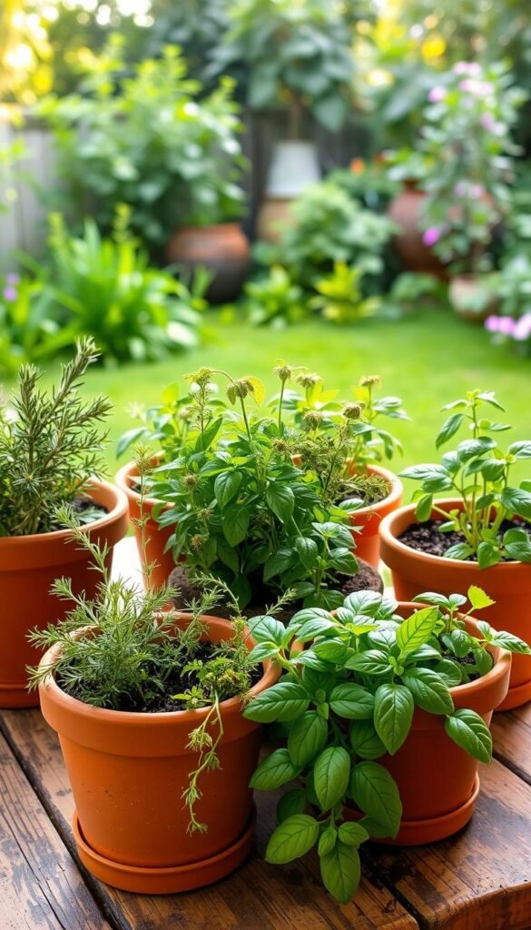 A neatly arranged herb garden in terracotta pots, nestled on a rustic wooden table under soft, natural lighting. Various herbs like rosemary, thyme, and basil flourish, their vibrant green leaves gently swaying. The pots are placed on a weathered table, evoking a sense of timeless charm. In the background, a lush greenery-filled yard provides a soothing, bucolic backdrop. The overall composition exudes a serene, homey atmosphere, perfectly suited to showcase the beauty and versatility of an herb garden in containers.