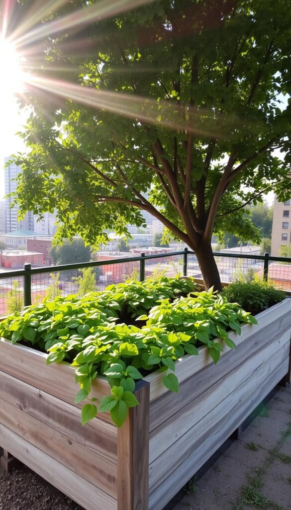 A neatly arranged raised garden bed nestled in an urban setting, with lush green plants cascading over the weathered wooden planks. Sunlight filters through a canopy of leafy trees, casting a warm glow on the scene. The bed is elevated off the ground, providing ample space for a variety of thriving vegetables and herbs. The structure is constructed with precision, featuring clean lines and a sturdy, well-maintained appearance. In the background, a vibrant cityscape serves as a backdrop, highlighting the contrast between the natural elements and the urban environment. The overall composition conveys a sense of tranquility and the harmonious integration of nature within an urban landscape.
