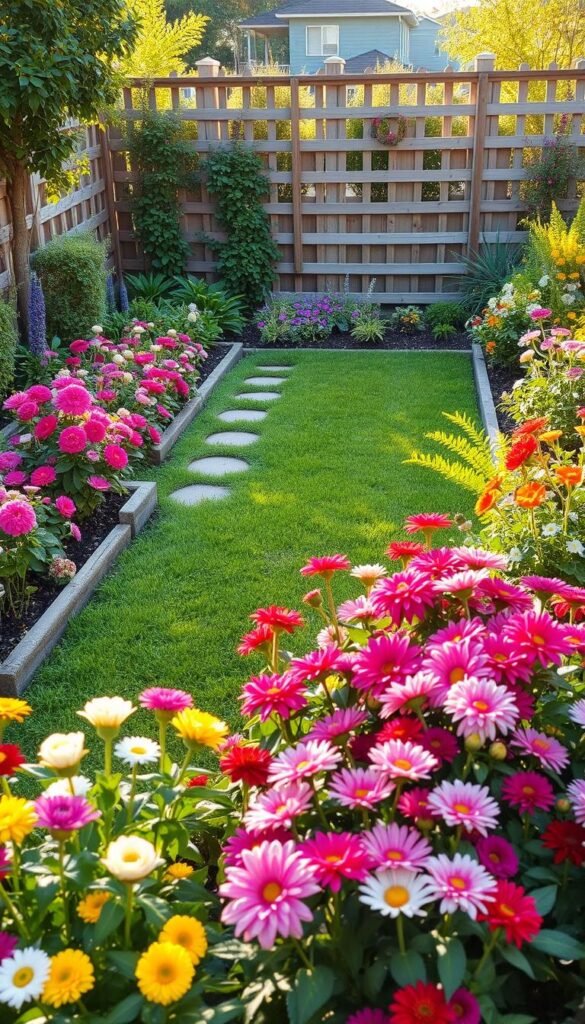 A neatly arranged space-efficient flower garden setup, showcasing a diverse array of vibrant blooms in a compact, organized layout. The foreground features a variety of cut flower varieties, including roses, dahlias, and zinnias, meticulously planted in raised garden beds. The middle ground captures a lush, well-manicured lawn, complemented by strategically placed garden paths and stepping stones, allowing for easy navigation. In the background, a picturesque wooden fence or trellis serves as a backdrop, providing a sense of enclosure and adding to the overall aesthetic. The scene is bathed in warm, golden sunlight, creating a serene and inviting atmosphere, perfect for a budding cut flower garden.