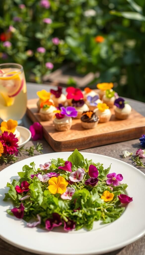 A neatly arranged still life showcasing an assortment of elevated dishes adorned with vibrant, edible flowers. In the foreground, a white ceramic plate holds a mixed green salad garnished with delicate petals, accompanied by a glass of floral-infused lemonade. In the middle ground, a wooden board displays an array of miniature desserts, each crowned with a colorful bloom. Soft, natural lighting casts a warm glow, highlighting the intricate textures and colors of the flowers. The background features a lush, out-of-focus garden scene, hinting at the verdant setting from which these culinary delights were harvested. An elegant, inviting composition that captures the essence of utilizing edible flowers to elevate everyday dishes.