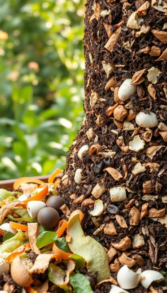 A neatly layered compost bin, filled with an array of kitchen scraps - vegetable peels, fruit rinds, eggshells, and coffee grounds. The foreground showcases the diverse organic materials, each playing a crucial role in the decomposition process. The middle ground reveals the intricate structure of the compost, with visible air pockets and a rich, earthy texture. In the background, lush greenery and a warm, natural lighting set the scene, conveying a sense of harmony and sustainability. The overall composition emphasizes the importance of recycling household waste to nourish a thriving, self-sustaining garden.