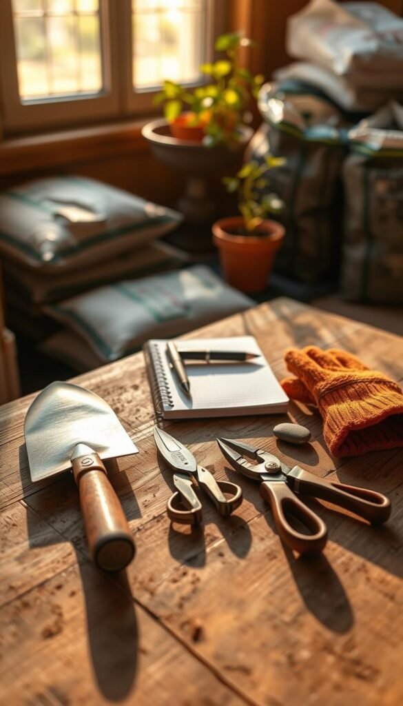 A neatly organized assortment of essential garden planning tools rests on a weathered wooden workbench, bathed in warm, golden afternoon light filtering through a window. In the foreground, a trowel, pruning shears, and a small gardening trowel are carefully arranged. In the middle ground, a notepad, a pair of gardening gloves, and a pen stand ready for jotting down plans and observations. In the background, potting soil bags and a small terracotta pot add a sense of tranquility and natural charm. The overall scene conveys a sense of purposeful organization and the excitement of embarking on a new gardening adventure.