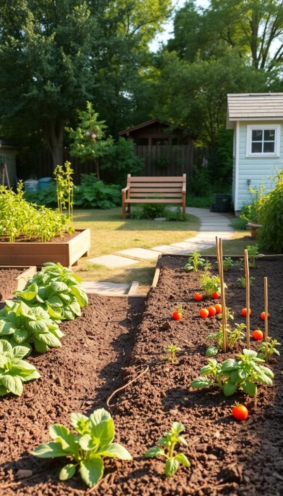 A neatly organized beginner's vegetable garden plot in a cozy backyard setting. The foreground showcases a series of raised garden beds filled with freshly tilled soil, ready for planting. Leafy greens, vibrant tomato plants, and other small vegetables dot the scene. In the middle ground, a wooden garden bench provides a place to rest, while a winding path leads the eye towards the background, where a quaint garden shed and verdant trees create a sense of tranquility. Warm, natural lighting bathes the scene, casting gentle shadows and highlighting the rich colors of the plants. The overall atmosphere exudes a sense of simplicity, peace, and the rewarding experience of growing one's own food.