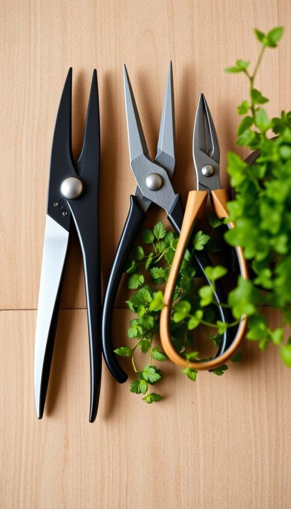 A neatly organized collection of terrarium pruning tools resting on a wooden surface, meticulously arranged to showcase their purpose. The tools include a pair of sharp, fine-tipped bonsai scissors, a set of curved pruning shears, and a small pair of scissors specifically designed for delicate plant trimming. The lighting is soft and diffused, highlighting the intricate details of the tools' metal hardware and wooden handles. The composition emphasizes the tools' purpose in maintaining the lush, verdant foliage of a fairy garden terrarium, conveying a sense of care, precision, and the importance of keeping the miniature ecosystem in balance.