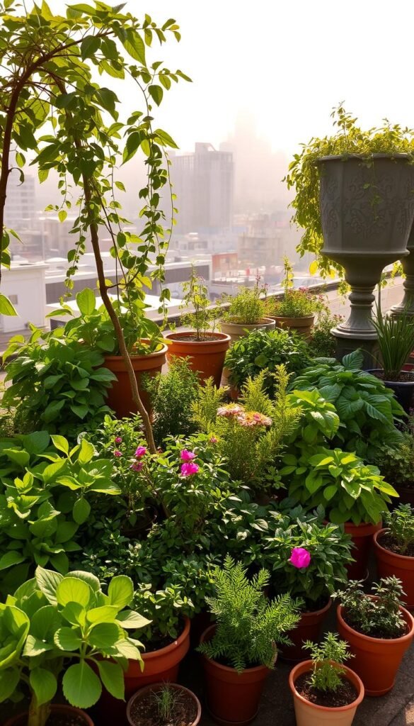 A neatly organized container garden brimming with lush, vibrant vegetation against a backdrop of a sun-dappled urban setting. In the foreground, a selection of thriving potted plants, ranging from leafy greens to colorful flowers, arranged in a harmonious layout. The middle ground features a mix of larger planters overflowing with trailing vines and small-scale fruit or vegetable plants. In the background, the scene is framed by the warm, golden tones of a city skyline, with a soft, hazy light casting a serene, inviting atmosphere. The entire composition conveys a sense of urban oasis, where nature and modern living coexist in perfect balance.