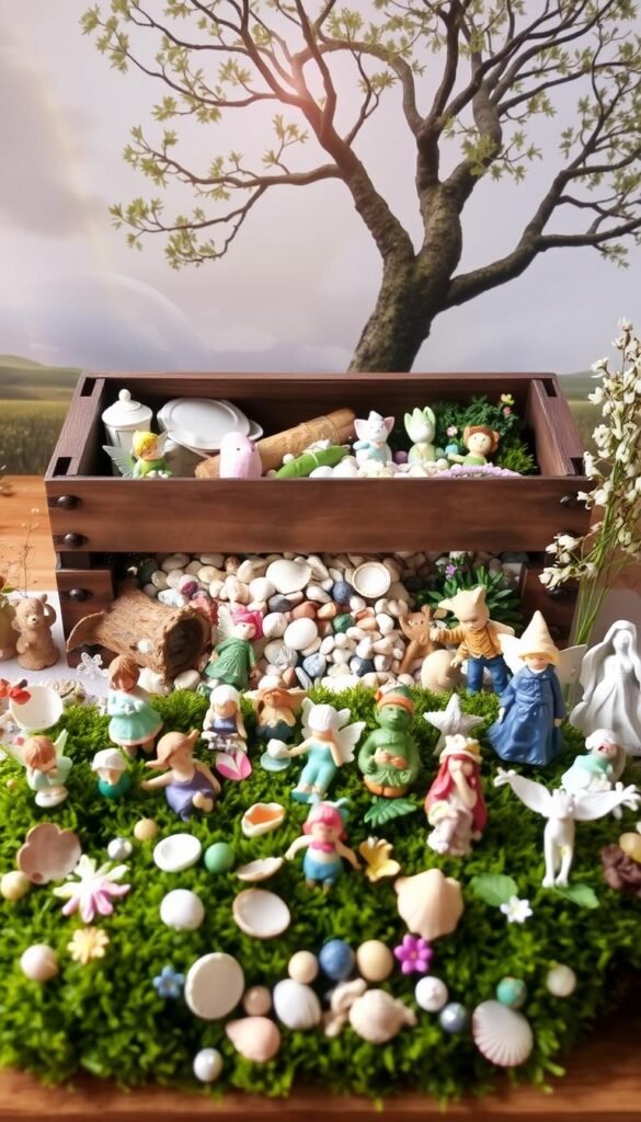 A neatly organized display of various DIY fairy garden materials. In the foreground, an assortment of miniature figurines, from whimsical fairies to enchanted woodland creatures, sit atop a bed of lush moss. In the middle ground, an array of small decorative elements like pebbles, seashells, and delicate flowers spill out from a rustic wooden crate. The background features a soft, dreamlike landscape with wispy clouds and a hint of golden sunlight filtering through the branches of a nearby tree. The overall scene evokes a sense of wonder and imagination, inviting the viewer to create their own magical fairy oasis.