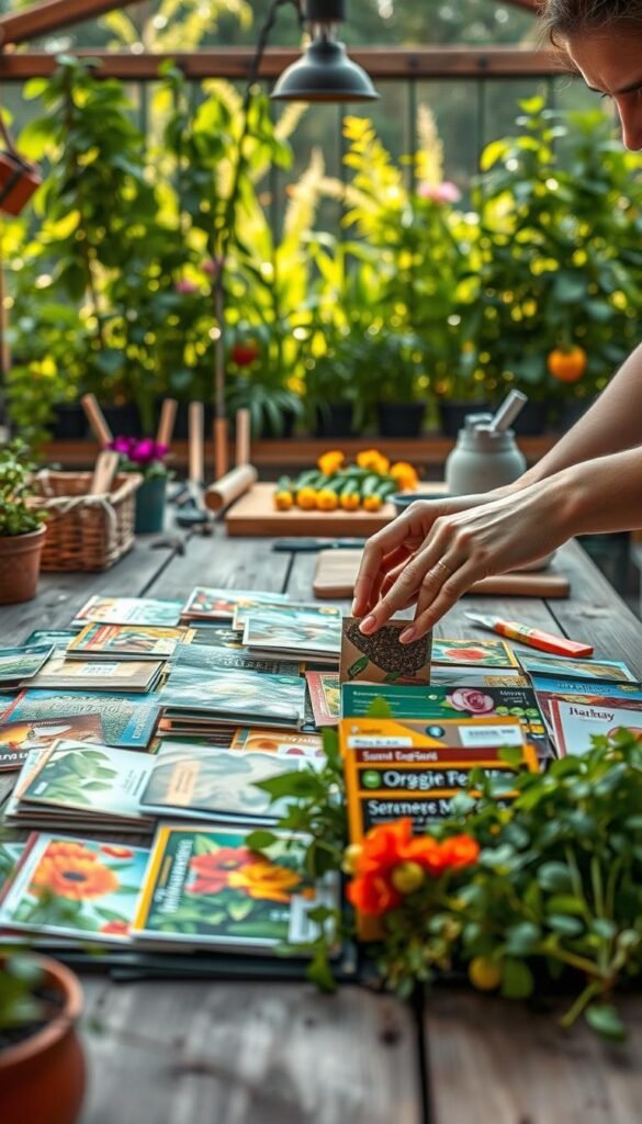 A neatly organized garden table showcases an array of seed packets in vibrant colors, inviting the viewer to explore the bountiful possibilities of organic gardening. In the foreground, a gardener's hands tenderly examine the seeds, their expression contemplative as they make their selection. The middle ground features a well-lit workspace with gardening tools and a clean, rustic wooden surface, creating a sense of intentionality and care. In the background, lush greenery frames the scene, suggesting the eventual blooms and harvest that will result from this meticulous seed planting process. Warm, natural lighting casts a gentle glow, evoking a serene, nurturing atmosphere.