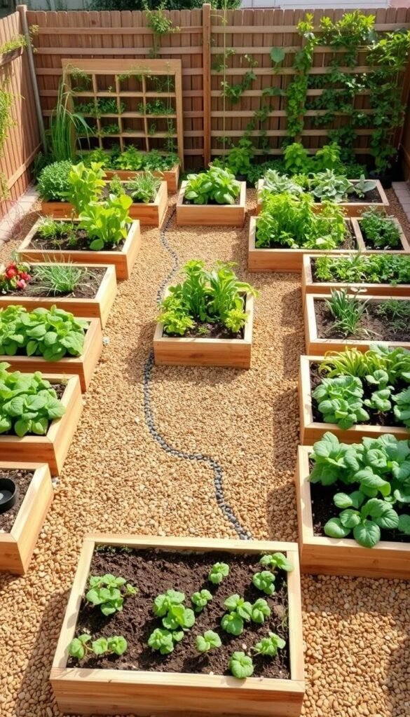 A neatly organized raised bed garden layout, viewed from a high angle with a warm, natural lighting. In the foreground, various raised planting beds with distinct geometric shapes like squares, rectangles, and triangles, filled with lush, thriving vegetables and herbs. The middle ground showcases a path winding through the beds, lined with decorative pebbles. In the background, a wooden fence or trellis structure creates a sense of enclosure and privacy. The overall scene conveys a sense of order, efficiency, and abundance within a compact, urban-friendly gardening space.