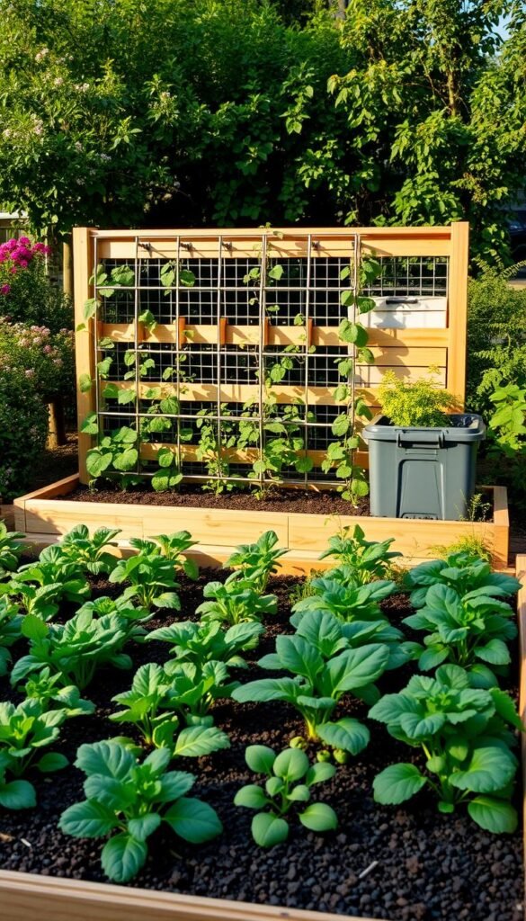 A neatly organized raised garden bed with various functional features. In the foreground, rows of healthy vegetables and herbs flourish, their vibrant colors and textures contrasting against the rich, dark soil. In the middle ground, a modular trellis system supports climbing vines, creating vertical growing space. Strategically placed storage compartments and a compost bin blend seamlessly into the design. The background showcases a well-crafted, weather-resistant frame made of sturdy wood, complemented by a lush, verdant backdrop of flowering plants and shrubs. Warm, natural lighting casts a gentle glow, illuminating the efficient and visually appealing layout. The overall composition conveys a sense of productivity, sustainability, and a harmonious integration of form and function.