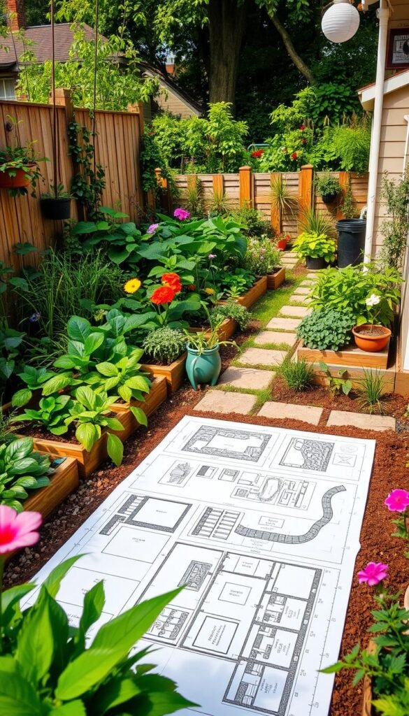 A neatly organized small backyard garden with lush greenery, vibrant flowers, and a sense of tranquility. In the foreground, a detailed layout plan with measured plots, pathways, and raised garden beds. In the middle ground, a variety of thriving plants such as leafy vegetables, herbs, and colorful blooms. In the background, a well-maintained wooden fence, a shed, and a glimpse of a cozy patio. The scene is bathed in warm, natural lighting, captured with a wide-angle lens to showcase the efficient use of the limited space. The overall atmosphere exudes a sense of harmony, productivity, and the joy of gardening in a compact urban setting.