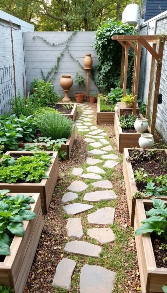 A neatly organized small backyard vegetable garden, with a central path flanked by raised garden beds. The beds feature a mix of leafy greens, herbs, and vibrant vegetable plants. Winding stone paths lead through the space, creating an inviting and functional layout. Wooden trellises support climbing vines, and strategically placed garden decor, such as ceramic planters and sculptural elements, add visual interest. Soft, diffused natural lighting illuminates the scene, casting gentle shadows and highlighting the textures of the plants and hardscaping. The overall atmosphere is one of serene productivity, inspiring the viewer to create their own thriving backyard oasis.