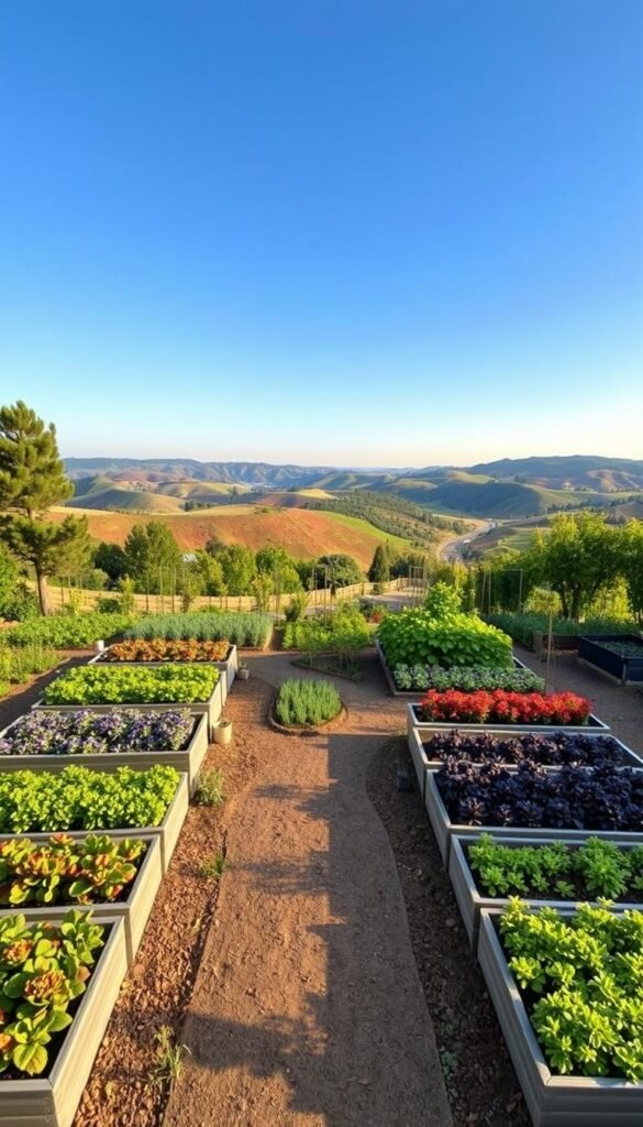 A neatly organized vegetable garden layout, captured from an overhead perspective. The foreground showcases a symmetrical arrangement of raised garden beds, each filled with thriving plants in vibrant hues. The middle ground features a winding path that guides the viewer through the layout, bordered by lush foliage and strategic plantings. In the background, a backdrop of a picturesque landscape, with rolling hills, a clear blue sky, and the warm glow of natural lighting, creating a sense of tranquility and productivity. The overall composition emphasizes the efficient use of space, with a focus on maximizing the productivity and aesthetics of the backyard vegetable garden.