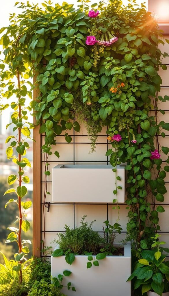 A neatly organized vertical garden with lush greenery cascading down a trellis against a bright, sun-dappled backdrop. In the foreground, a variety of thriving plants - leafy greens, vibrant flowers, and cascading vines - densely cover the vertical structure, creating a sense of abundant productivity. The middle ground features a clean, minimalist raised planter or container, perfectly integrated into the overall design. The background showcases a serene, blurred urban or suburban setting, hinting at the space-saving potential of vertical gardening. Warm, golden lighting filters through, casting a pleasant glow and enhancing the verdant, healthy appearance of the plants. The overall scene conveys the benefits of vertical gardening in small spaces - increased growing area, efficient use of limited square footage, and a visually appealing, lush aesthetic.