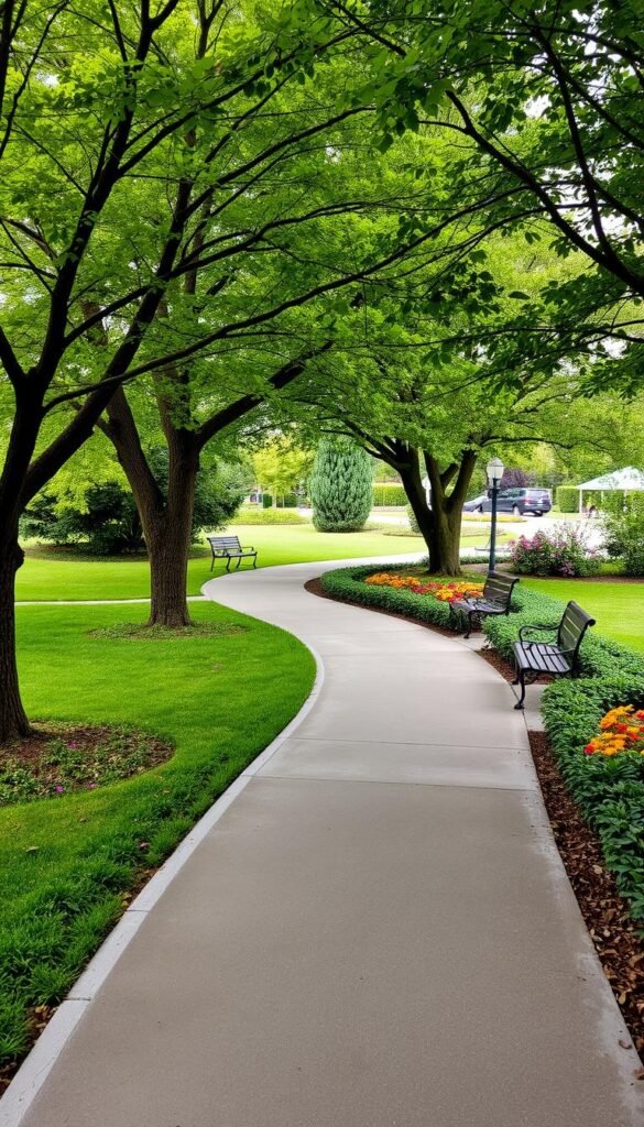 A neatly paved garden pathway winds through a lush, verdant landscape. The path is wide enough to accommodate wheelchair users, with a smooth, level surface and gentle slopes. Mature trees provide dappled shade, while vibrant flower beds line the edges, adding pops of color. Strategically placed benches offer resting spots along the way, inviting visitors to pause and enjoy the tranquil surroundings. Soft, diffused lighting illuminates the scene, creating a warm and welcoming atmosphere. The pathway appears easily navigable, ensuring an inclusive and accessible experience for all.