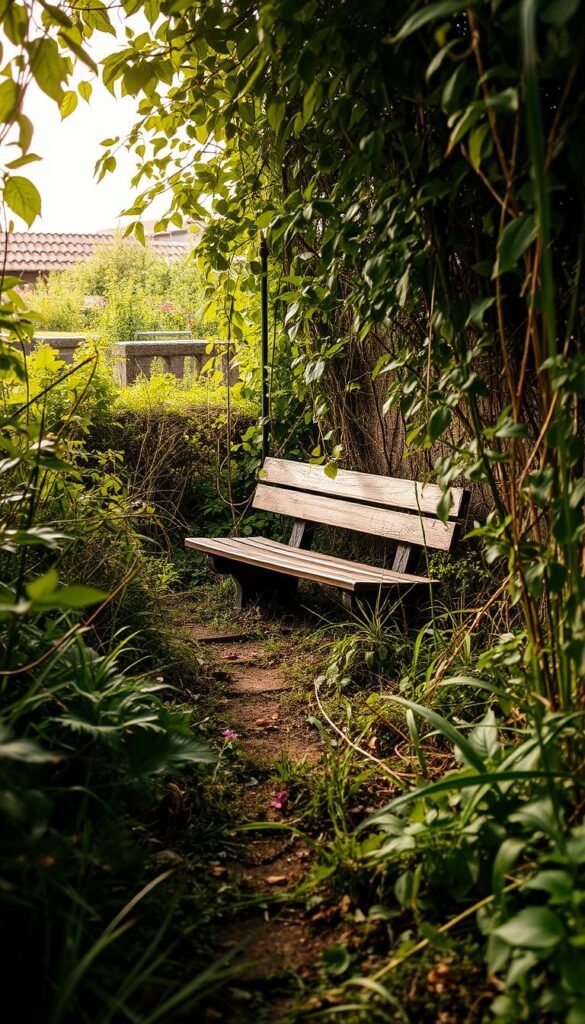 A neglected garden corner, sun-dappled and full of promise. Overgrown with lush greenery, weeds, and untamed foliage. In the foreground, a hidden path winds through the undergrowth, inviting exploration. The middle ground features a weathered wooden bench, its surface worn by time, hinting at the potential for rest and relaxation. In the background, a glimpse of a vibrant, blooming flower bed, its vibrant colors peeking through the tangle of vines and leaves. Warm, diffused lighting casts a soft, golden glow, creating an atmosphere of tranquility and untapped potential. A wide-angle lens captures the full scope of the scene, emphasizing the sense of possibility and the beauty waiting to be uncovered.