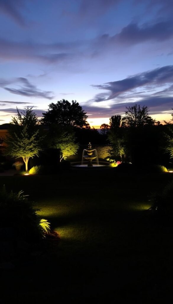 A peaceful garden at dusk, softly illuminated by warm, ambient outdoor lighting. The foreground features a well-manicured lawn and lush foliage, with strategically placed path lights casting a gentle glow. In the middle ground, a tranquil water feature reflects the dancing shadows of trees and shrubs, their silhouettes accentuated by discreet up-lighting. The background showcases a dramatic sky, painted with hues of orange and purple, as the sun slowly dips below the horizon. The overall atmosphere is one of serene, inviting elegance, highlighting the transformative power of outdoor lighting to enhance the beauty and ambiance of a garden.