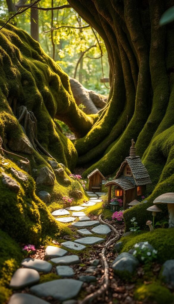 A peaceful, secluded fairy garden nestled in a sun-dappled woodland clearing. Verdant moss-covered rocks and gnarled tree roots create a natural, whimsical backdrop. In the foreground, a winding stone pathway leads to a charming miniature fairy house surrounded by blooming wildflowers, glowing lanterns, and delicate mushrooms. Delicate light filters through the canopy above, casting a warm, magical glow over the scene. The lush, enchanting atmosphere invites exploration and wonder, perfectly setting the stage for a captivating fairy-themed backyard retreat.