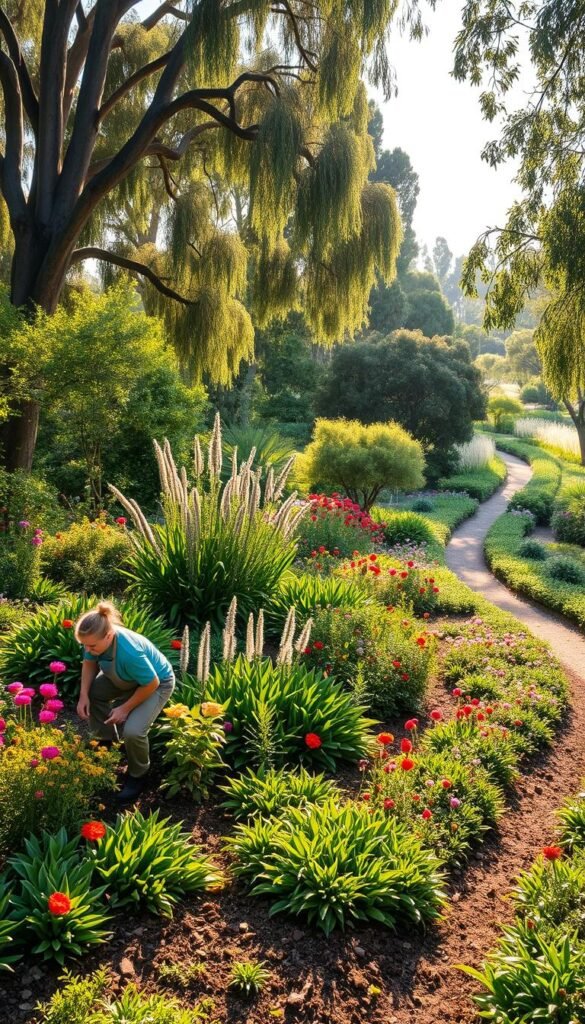 A peaceful, sun-dappled native garden filled with lush greenery and vibrant blooms. In the foreground, a gardener diligently weeding and mulching around thriving plants, their movements gentle and focused. The middle ground showcases a diverse array of native flora - tall gum trees, shrubs bursting with native flowers, and carpets of ground covers. Soft, warm lighting filters through the canopy, casting a golden glow over the serene scene. The background reveals a tranquil pathway winding through the verdant landscape, inviting the viewer to explore this haven of Australian native flora.