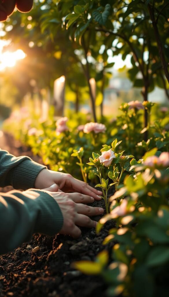 A person intently inspecting the soil and foliage of a lush, well-tended flower garden. Close-up view of their hands gently touching the petals and leaves, assessing their health and growth. Warm afternoon sunlight filters through the canopy of plants, casting a soft, golden glow. The background is blurred, focusing the viewer's attention on the careful evaluation of the garden's conditions. The scene conveys a sense of curiosity, thoughtfulness, and a deep appreciation for the natural world.