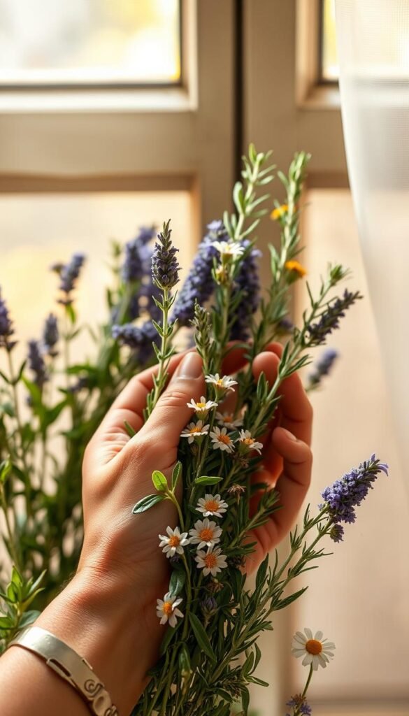 A person's hands carefully grasping and handling freshly harvested medicinal herbs, such as lavender, rosemary, or chamomile, against a soft, natural background. The herbs appear vibrant and lush, with delicate leaves and flowers. Soft, diffused lighting from an overhead window casts a warm, golden glow, highlighting the textures and colors of the plants. The scene conveys a sense of reverence and attention to detail, as the person tenderly examines the medicinal properties of the herbs. The composition is balanced, with the hands and plants occupying the foreground, and a slightly blurred, organic background providing context.