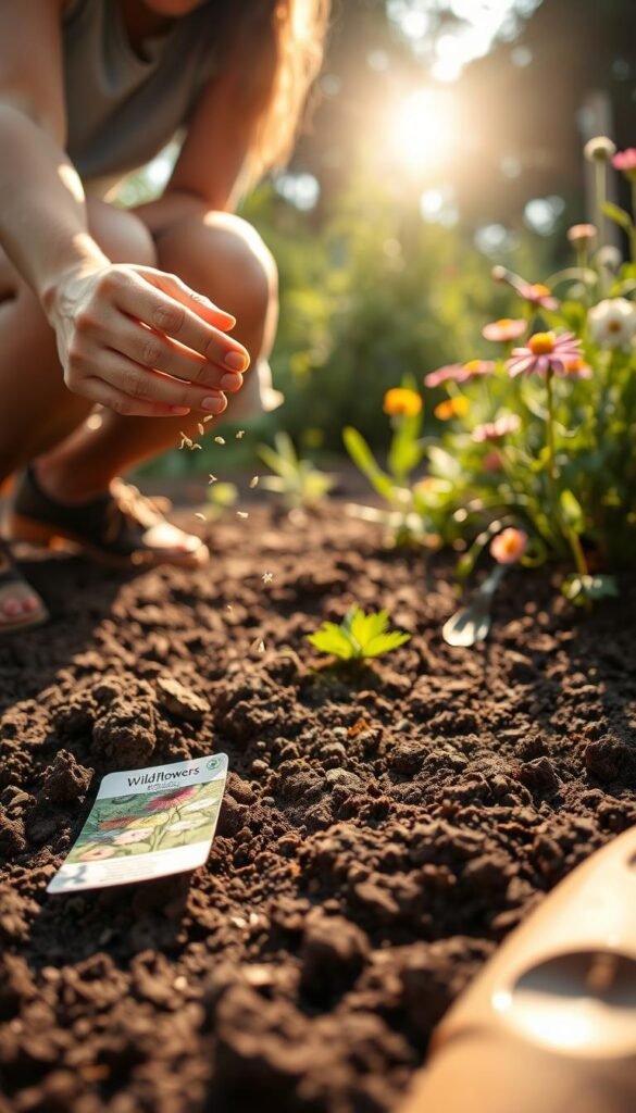 A person's hands carefully scattering wildflower seeds onto a freshly tilled garden bed, sunlight filtering through the trees casting a warm glow. The foreground shows the seed packet, soil, and gardening tools used for the planting process. In the middle ground, the person kneels down, concentrating on evenly distributing the seeds across the soil's surface. The background depicts a lush, verdant garden with mature wildflowers in bloom, hinting at the vibrant display to come. The scene conveys a sense of tranquility, the peaceful rhythm of nature, and the joy of nurturing new life.