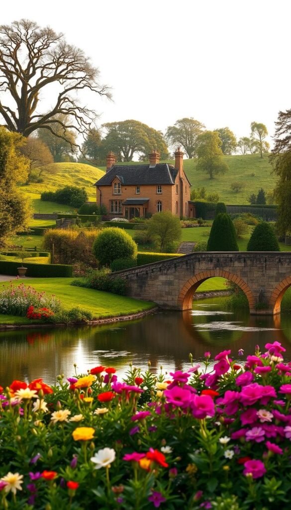 A picturesque English country landscape with a serene pond nestled amidst lush, rolling hills. In the foreground, a charming stone bridge arches gracefully over the tranquil waters, flanked by vibrant flower beds in full bloom. The middle ground features a stately manor house, its warm, honey-colored stone facade complemented by neatly manicured hedgerows and meticulously pruned topiary. In the distance, a copse of ancient oak trees frames the scene, casting gentle shadows and conveying a sense of timelessness. The lighting is soft and diffused, creating a warm, golden glow that enhances the timeless elegance of the setting. This idyllic landscape evokes the quintessential English garden design tradition, where classic elements harmonize to create a serene and enduring haven.