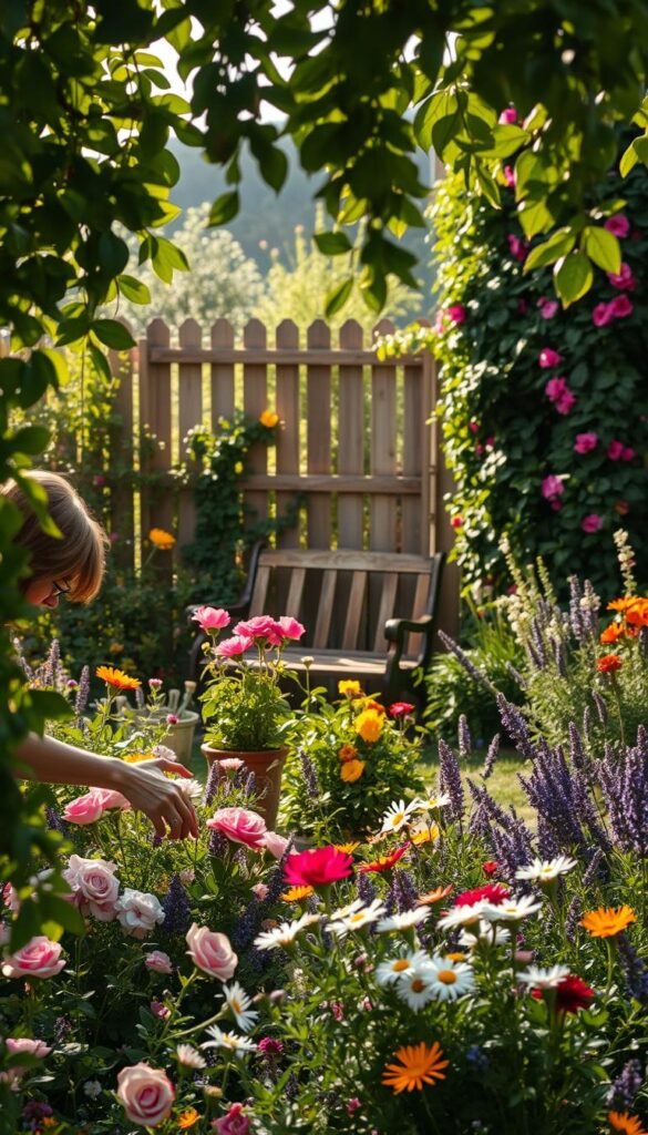 A picturesque cottage garden on a warm summer day, bathed in soft, diffused sunlight. In the foreground, a gardener diligently weeding a flower bed, her hands gently tending to the vibrant blooms. Lush greenery and cascading vines frame the scene, creating a sense of lush abundance. In the middle ground, a rustic garden bench sits invitingly, surrounded by a riot of colorful flowers - delicate roses, cheerful daisies, and fragrant lavender. The background features a charming wooden fence, partially obscured by a profusion of climbing plants, conveying a sense of enchantment and tranquility. The overall atmosphere is one of serene harmony, where nature and human stewardship coexist in perfect balance.